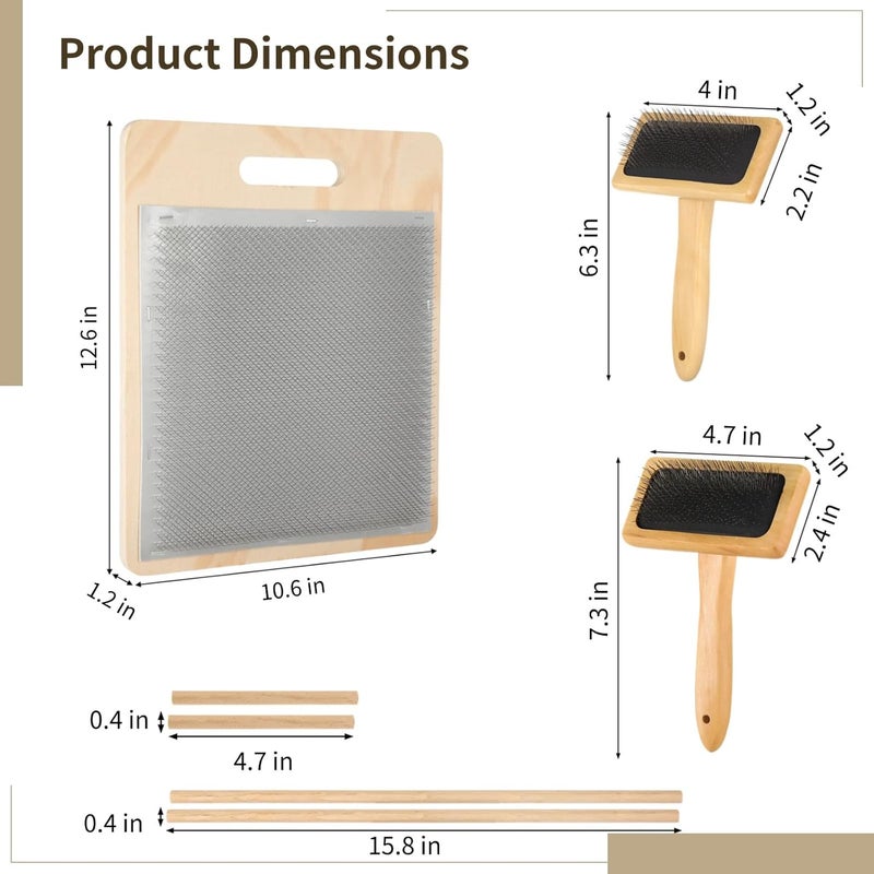 Varku 5 PCS Wool Blending Board Set, Yarn Carding Board with Bent Steel Needles, 2 Sizes Wooden Carding Brushes, 2 Wooden Sticks, Felted Wool Carder for DIY Projects, Wool Comb for Mixing - Image 4